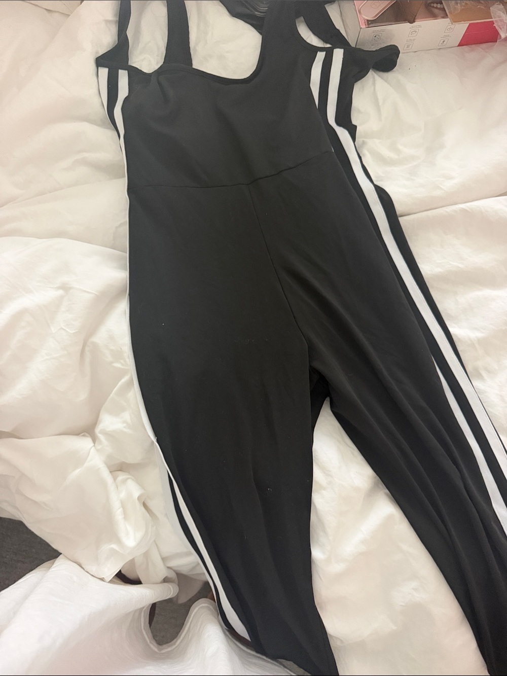 Black womens' Athletic Jumpsuit with White Side Stripes - no brand fun onesie!